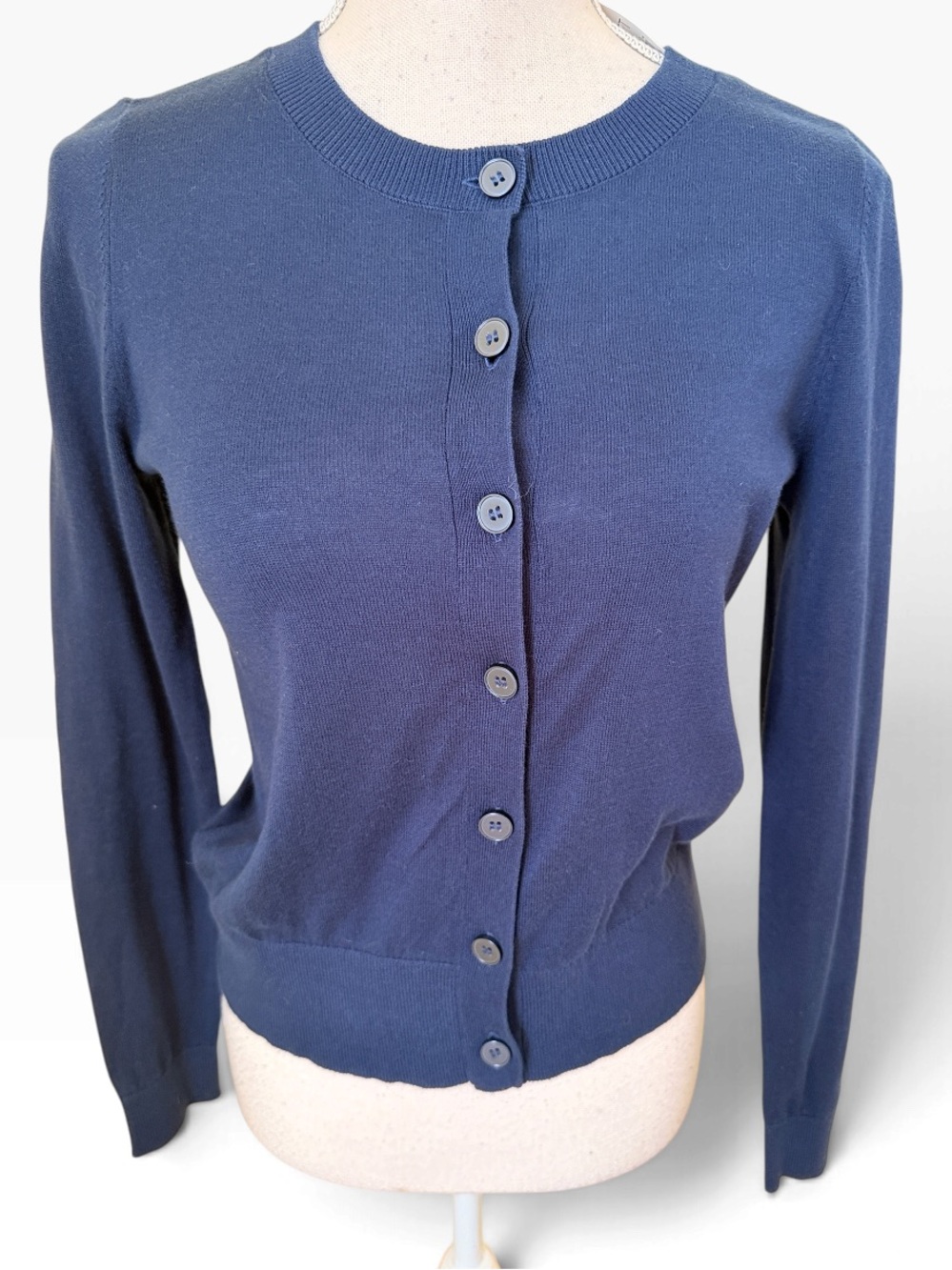 Loft Navy Blue Cotton Button Front Crewneck Cardigan XS